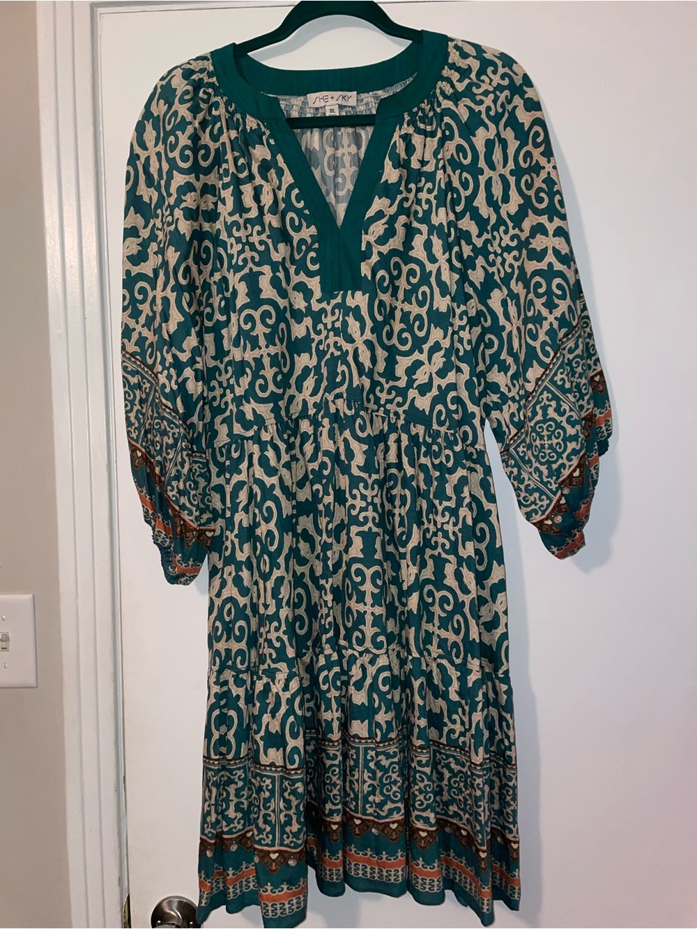 She + Sky Teal and Cream Printed V-Neck Midi Dress